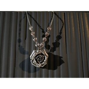 Silver Tone Rose Pendant Necklace with Heart Chain Women's Fashion Jewelry